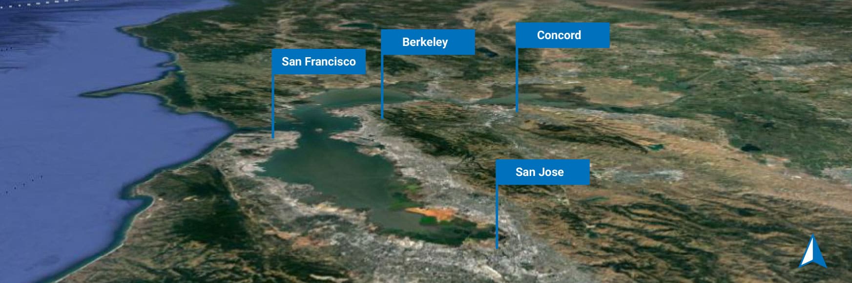 a aerial view of a land(Map) with blue signs(San Francisco, Berkeley, Concord, San Jose)